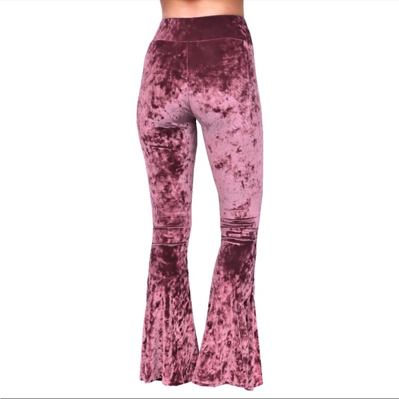 Dusty Rose Crushed Velvet Bell Bottom Flare Pants - Picture 6 of 9